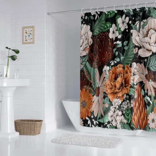 Shower Curtain with 12 Hooks 180cm*180cm(70"*70") Polyester Washable Waterproof Pattern Bathroom Bathtub Decor Vintage Peony Floral
