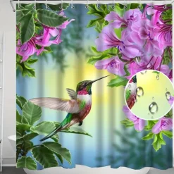 Shower Curtain With 12 Hooks, Waterproof and Mildew-Proof Polyester Bath Curtain, Machine Washable Fabric Bath Curtains, Hummingbirds Flowers Pattern Bathroom Decor