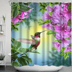 Shower Curtain With 12 Hooks, Waterproof and Mildew-Proof Polyester Bath Curtain, Machine Washable Fabric Bath Curtains, Hummingbirds Flowers Pattern Bathroom Decor