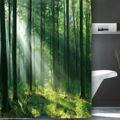 Shower Curtain with 12 Hooks 180cm*180cm(70"*70") Polyester Washable Waterproof Forest Landscape Pattern