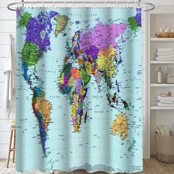 Shower Curtain with Hooks 180cm*180cm(70"*70") Polyester Washable Waterproof World Map Pattern
