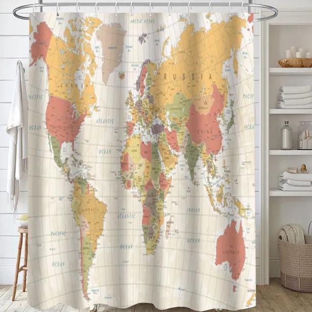 Shower Curtain with Hooks 180cm*180cm(70"*70") Polyester Washable Waterproof World Map Pattern