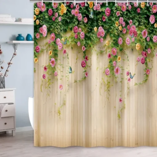 Shower Curtain with Hooks 180cm*180cm(70"*70") Polyester Washable Waterproof Floral Butterfly Pattern Bathroom Decor