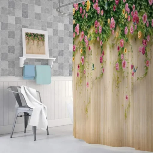 Shower Curtain with Hooks 180cm*180cm(70"*70") Polyester Washable Waterproof Floral Butterfly Pattern Bathroom Decor