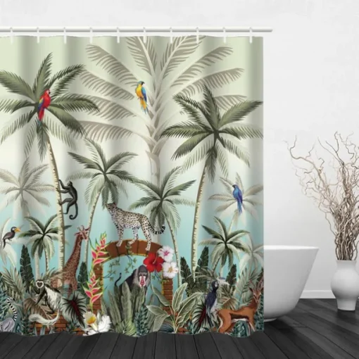 Shower Curtain with Hooks 180cm*180cm(70"*70") Polyester Washable Waterproof Forest Tropical Rainforest Plant Pattern Home Decoration Bathroom