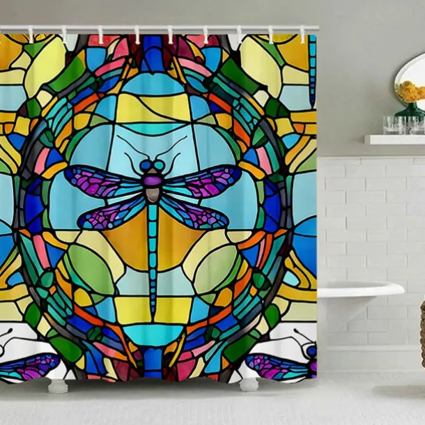 Shower Curtain with Hooks 180cm*180cm(70"*70") Polyester Washable Waterproof Stained Glass Dragonfly Pattern Bathroom Decor