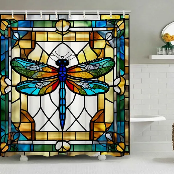 Shower Curtain with Hooks 180cm*180cm(70"*70") Polyester Washable Waterproof Stained Glass Dragonfly Pattern Bathroom Decor