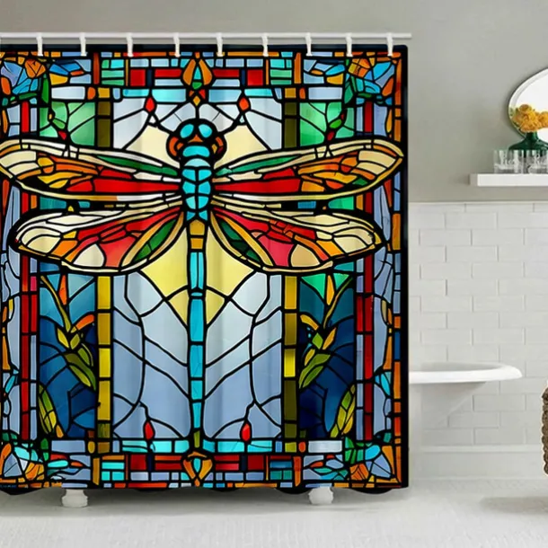 Shower Curtain with Hooks 180cm*180cm(70"*70") Polyester Washable Waterproof Stained Glass Dragonfly Pattern Bathroom Decor