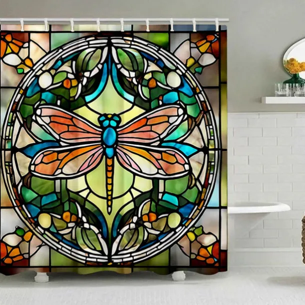 Shower Curtain with Hooks 180cm*180cm(70"*70") Polyester Washable Waterproof Stained Glass Dragonfly Pattern Bathroom Decor