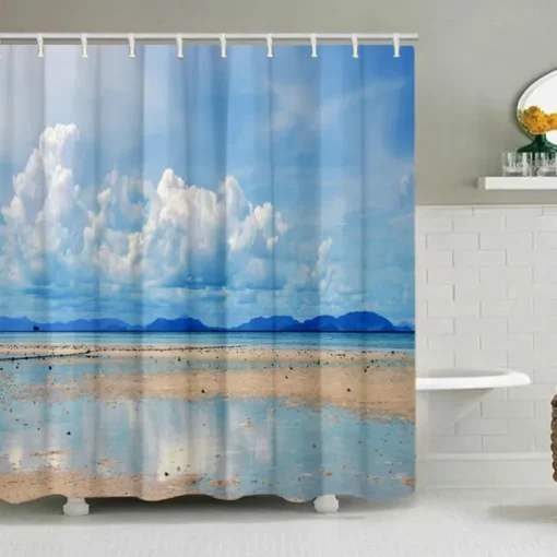 Shower Curtain with Hooks 180cm*180cm(70"*70") Polyester Washable Waterproof Ocean Beach Shells Pattern Bathroom Decor