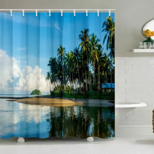 Shower Curtain with Hooks 180cm*180cm(70"*70") Polyester Washable Waterproof Ocean Beach Shells Pattern Bathroom Decor