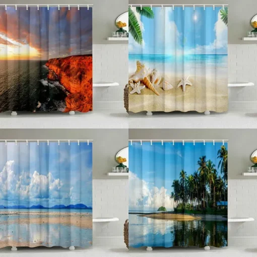 Shower Curtain with Hooks 180cm*180cm(70"*70") Polyester Washable Waterproof Ocean Beach Shells Pattern Bathroom Decor