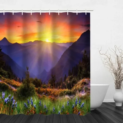Shower Curtain with Hooks 180cm*180cm(70"*70") Polyester Washable Waterproof Sunrise Sunset Sea Seaside Coconut Tree Pattern