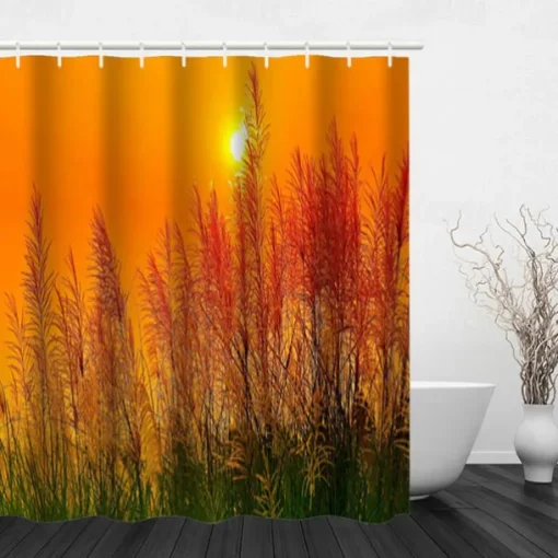 Shower Curtain with Hooks 180cm*180cm(70"*70") Polyester Washable Waterproof Sunrise Sunset Sea Seaside Coconut Tree Pattern