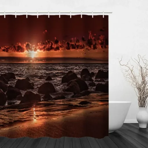 Shower Curtain with Hooks 180cm*180cm(70"*70") Polyester Washable Waterproof Sunrise Sunset Sea Seaside Coconut Tree Pattern