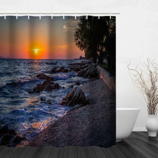 Shower Curtain with Hooks 180cm*180cm(70"*70") Polyester Washable Waterproof Sunrise Sunset Sea Seaside Coconut Tree Pattern
