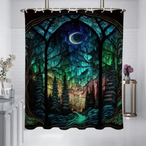 Shower Curtain with Hooks 180cm*180cm(70"*70") Polyester Washable Waterproof Pattern Bathroom Bathtub Decor Landscape Forest