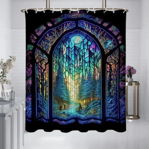 Shower Curtain with Hooks 180cm*180cm(70"*70") Polyester Washable Waterproof Pattern Bathroom Bathtub Decor Landscape Forest