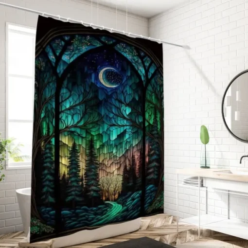 Shower Curtain with Hooks 180cm*180cm(70"*70") Polyester Washable Waterproof Pattern Bathroom Bathtub Decor Landscape Forest