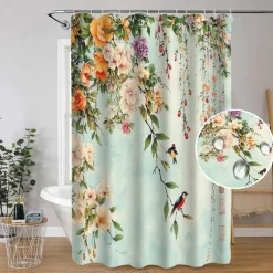 Shower Curtain with Hooks 180cm*180cm(70"*70") Polyester Washable Waterproof Pattern Bathroom Bathtub Decor Floral Bird Plant