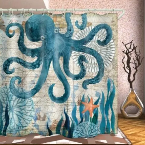 Shower Curtain with Hooks 180cm*180cm(70"*70") Polyester Washable Waterproof Ocean Landscape Pattern
