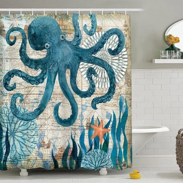 Shower Curtain with Hooks 180cm*180cm(70"*70") Polyester Washable Waterproof Ocean Landscape Pattern