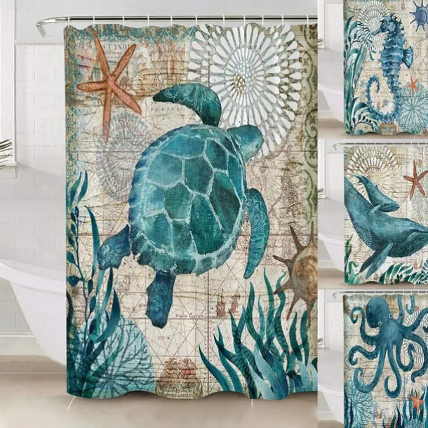 Shower Curtain with Hooks 180cm*180cm(70"*70") Polyester Washable Waterproof Ocean Landscape Pattern