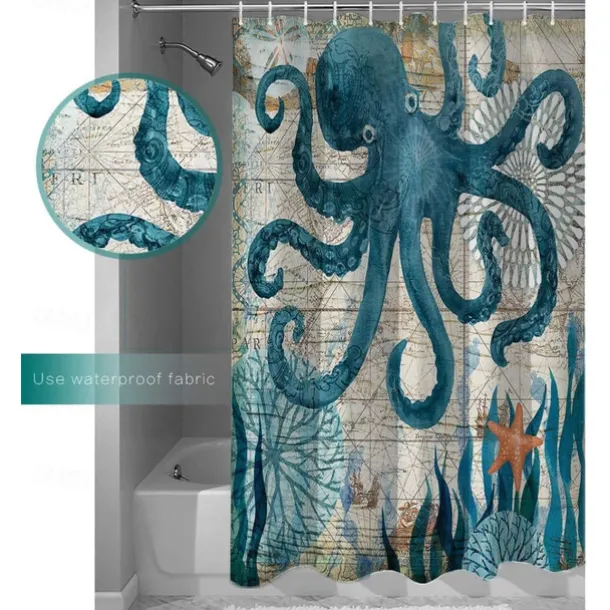 Shower Curtain with Hooks 180cm*180cm(70"*70") Polyester Washable Waterproof Ocean Landscape Pattern