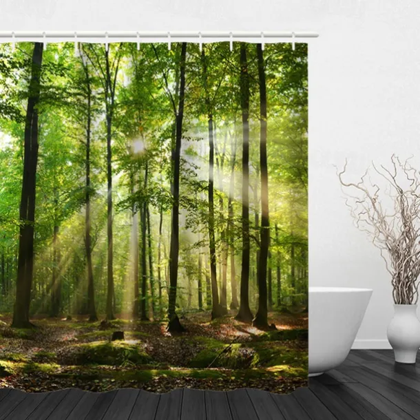 Shower Curtain with Hooks 180cm*180cm(70"*70") Polyester Washable Waterproof Sunshine Forest Landscape Pattern