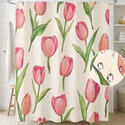Shower Curtain with Hooks 180cm*180cm(70"*70") Polyester Washable Waterproof Floral Tulips Pattern Bathroom Decor