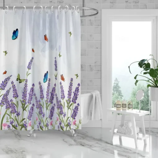 Shower Curtain with Hooks 180cm*180cm(70"*70") Polyester Washable Waterproof Butterfly Lavender Pattern Bathroom Decor