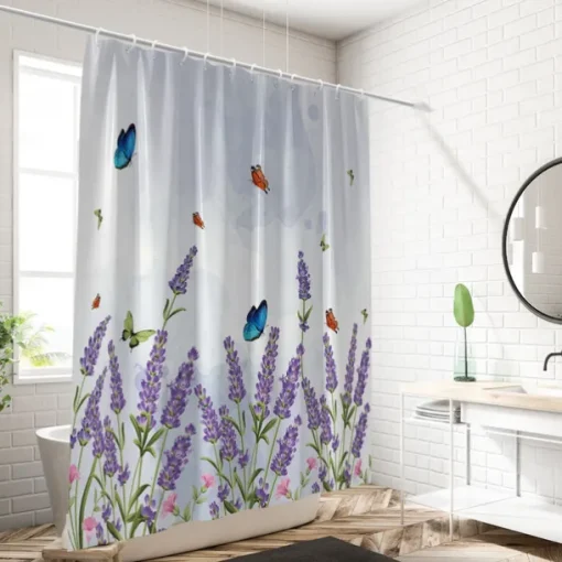Shower Curtain with Hooks 180cm*180cm(70"*70") Polyester Washable Waterproof Butterfly Lavender Pattern Bathroom Decor