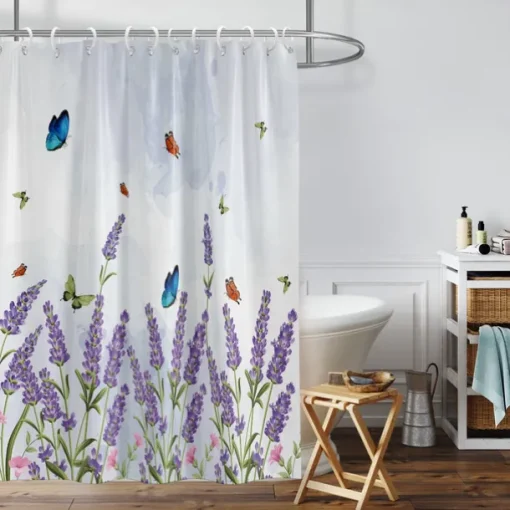 Shower Curtain with Hooks 180cm*180cm(70"*70") Polyester Washable Waterproof Butterfly Lavender Pattern Bathroom Decor
