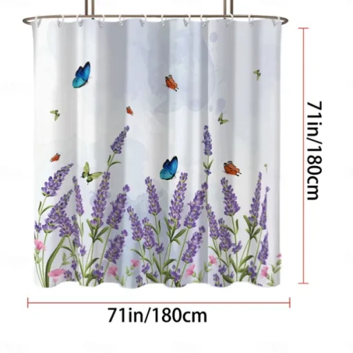 Shower Curtain with Hooks 180cm*180cm(70"*70") Polyester Washable Waterproof Butterfly Lavender Pattern Bathroom Decor