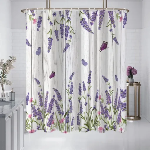 Shower Curtain with Hooks 180cm*180cm(70"*70") Polyester Washable Waterproof Butterfly Lavender Pattern Bathroom Decor