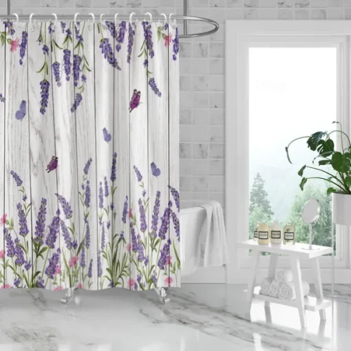 Shower Curtain with Hooks 180cm*180cm(70"*70") Polyester Washable Waterproof Butterfly Lavender Pattern Bathroom Decor
