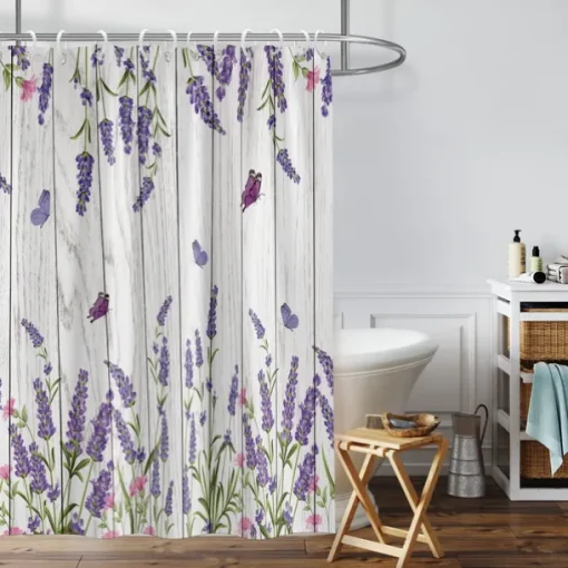 Shower Curtain with Hooks 180cm*180cm(70"*70") Polyester Washable Waterproof Butterfly Lavender Pattern Bathroom Decor