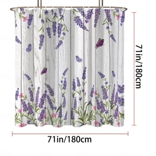 Shower Curtain with Hooks 180cm*180cm(70"*70") Polyester Washable Waterproof Butterfly Lavender Pattern Bathroom Decor