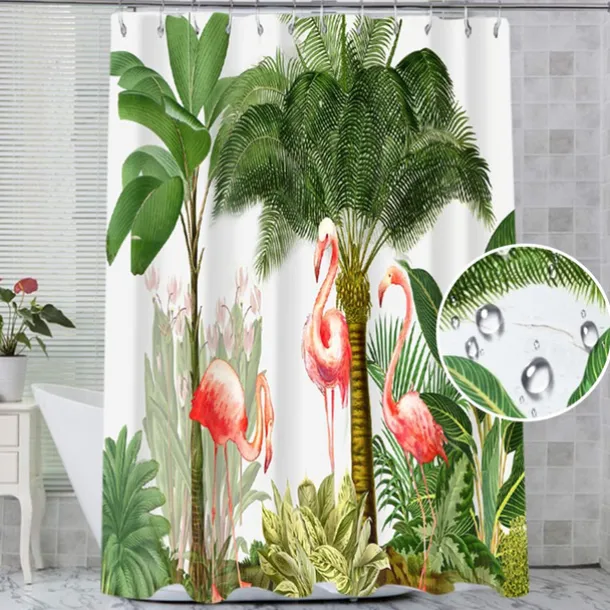 Shower Curtain with Hooks 180cm*180cm(70"*70") Polyester Washable Waterproof Tropical Plant Bird Pattern Bathroom Bathtub Decor