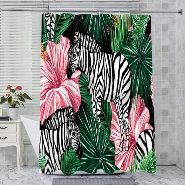 Shower Curtain with Hooks 180cm*180cm(70"*70") Polyester Washable Waterproof Tropical Plant Bird Pattern Bathroom Bathtub Decor