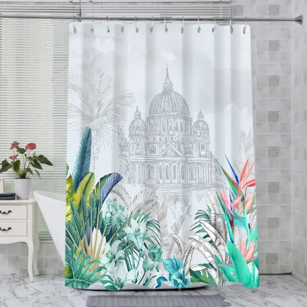 Shower Curtain with Hooks 180cm*180cm(70"*70") Polyester Washable Waterproof Tropical Plant Bird Pattern Bathroom Bathtub Decor