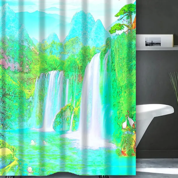 Shower Curtain with Hooks 180cm*180cm(70"*70") Polyester Washable Waterproof Landscape Waterfall Pattern