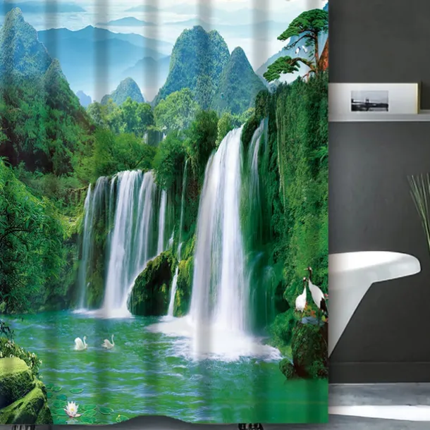 Shower Curtain with Hooks 180cm*180cm(70"*70") Polyester Washable Waterproof Landscape Waterfall Pattern