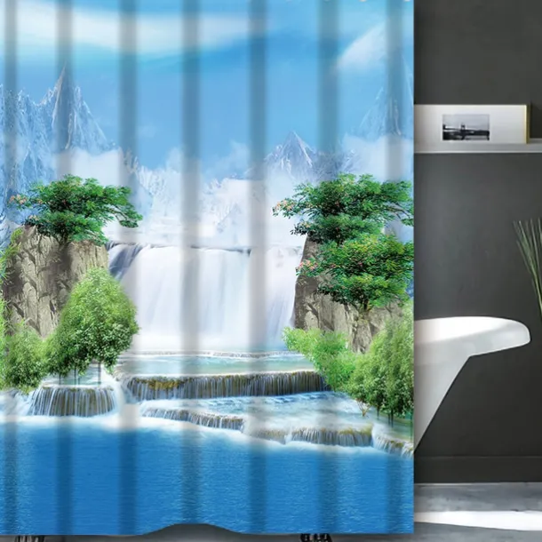 Shower Curtain with Hooks 180cm*180cm(70"*70") Polyester Washable Waterproof Landscape Waterfall Pattern