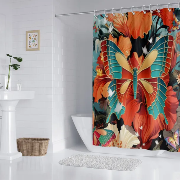 Shower Curtain with Hooks 180cm*180cm(70"*70") Polyester Washable Waterproof Plant Flower Pattern Bathroom Bathtub Decor