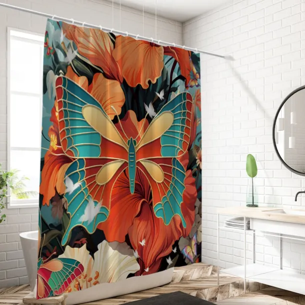 Shower Curtain with Hooks 180cm*180cm(70"*70") Polyester Washable Waterproof Plant Flower Pattern Bathroom Bathtub Decor