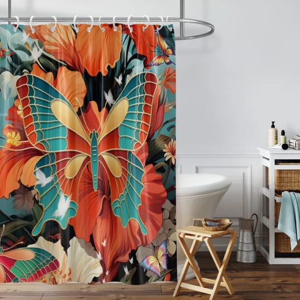 Shower Curtain with Hooks 180cm*180cm(70"*70") Polyester Washable Waterproof Plant Flower Pattern Bathroom Bathtub Decor