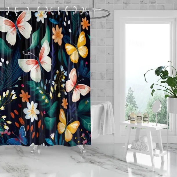 Shower Curtain with Hooks 180cm*180cm(70"*70") Polyester Washable Waterproof Plant Flower Pattern Bathroom Bathtub Decor