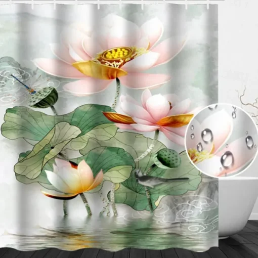 Shower Curtain with Hooks 180cm*180cm(70"*70") Polyester Washable Waterproof Modern Bathroom Landscape Lotus Landscape Printing