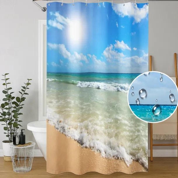 Shower Curtain with Hooks 180cm*180cm(70"*70")Suitable for Separate Wet and Dry Zone Divide Bathroom Waterproof Oil-proof Seaside Sunset Landscape Pattern Bath Curtain